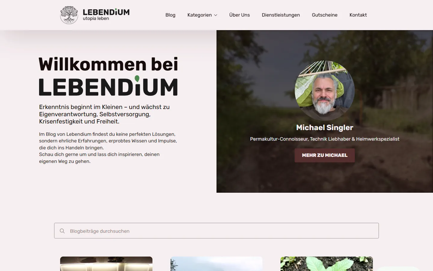 Startseite des Lebendium-Blogs mit Begrüßung, Autorenporträt und Beitragssuche